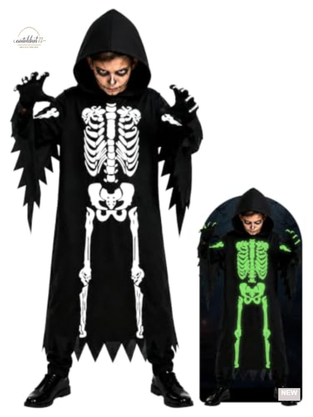 Glow in the Dark Skeleton Costume Kids Hooded Cape Gloves Halloween Boys Girls